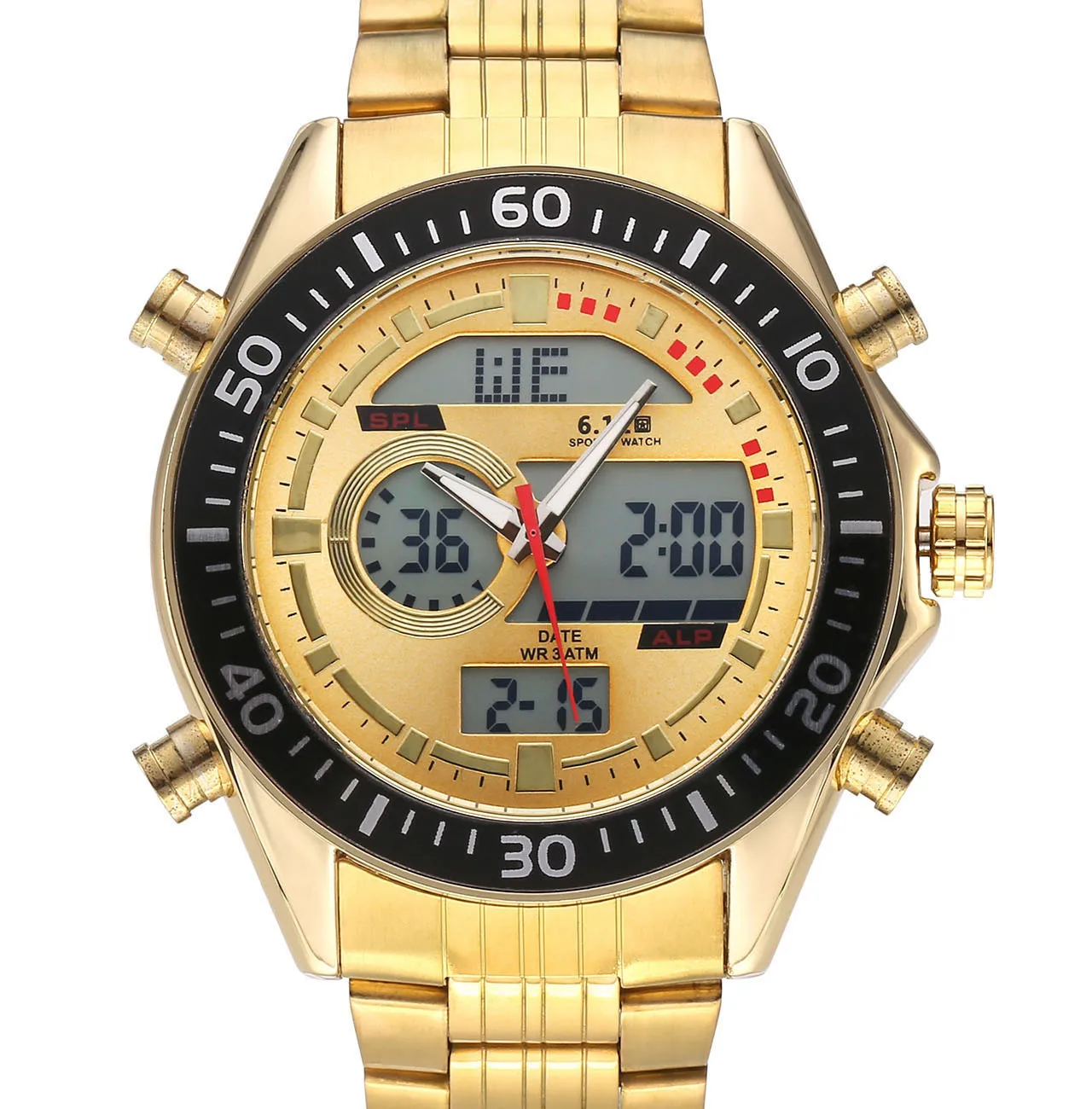 

Export 611 Date Seconds Waterproof Night Light Dual Display Steel Belt Watch