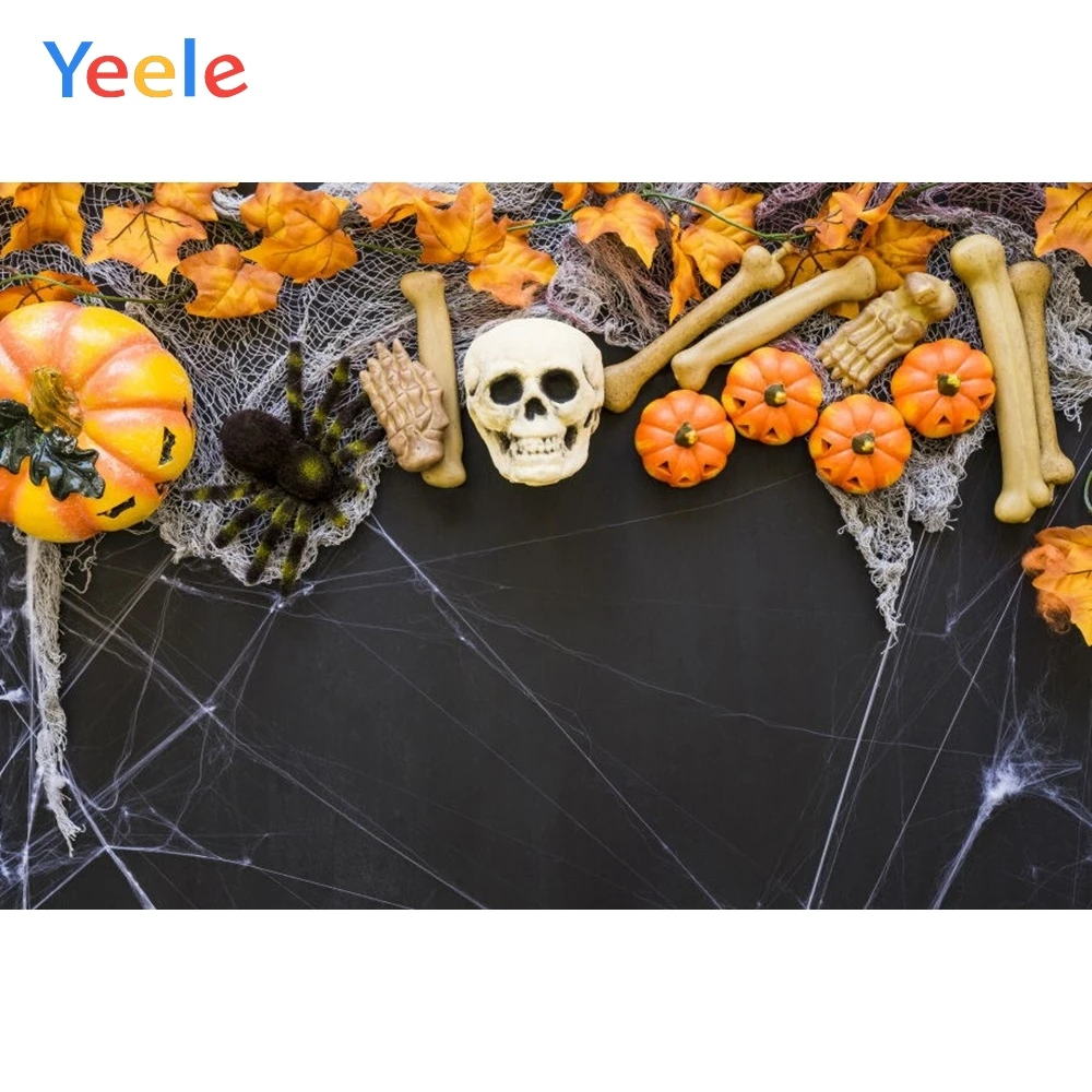 

Photophone Halloween Backdrop Pumpkin Skull Spider Web Autumn Leaves Black Skeleton Photography Background For Photo Studio