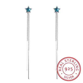 

Temperament 925 Sterling Silver Blue Crystal Stars Long Tassel Ear Line Dangle Earrings For Women Gift Fashion Jewelry E769