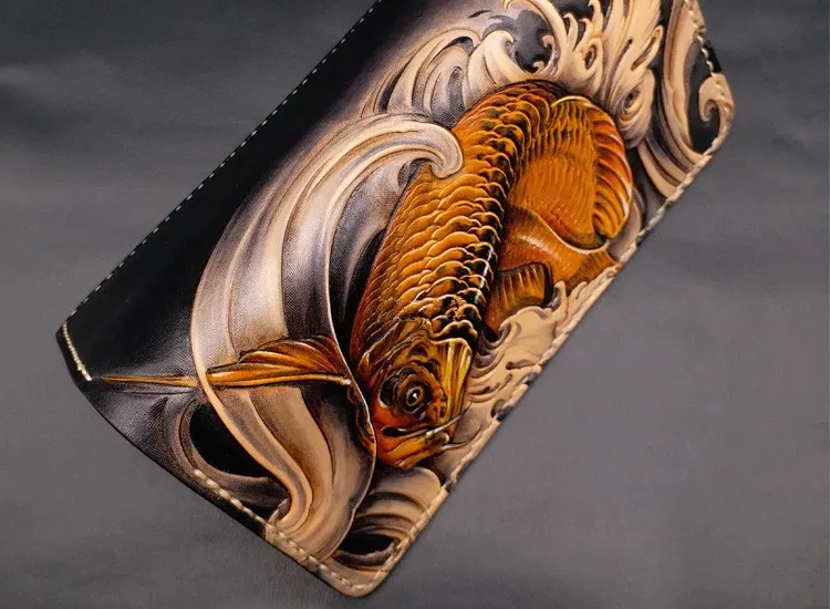 Кошельки ручной работы с резьбой, кошельки Arowana, женские и мужские, длинный клатч, растительного дубления, кожаный кошелек, держатель для карт