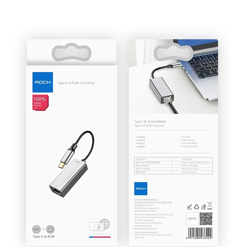 Rock type-C к Rj45 интегрированный дизайн металла текстуры концентратор Стыковочный модуль-преобразователь в Ethernet сетевой адаптер RJ45 USB-C телефон адаптер
