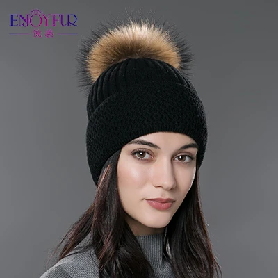 Женская шапка с помпоном ENJOYFUR, зимняя белая шапка-бини из шерсти и хлопка, с помпоном из натурального меха - Цвет: 01D