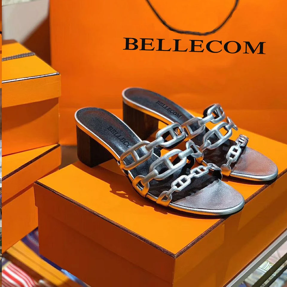 

BELLECOM 2019 Autumn New Leather Chain Rough heel, Half-toed, Simple Roman Women Outside Slippers