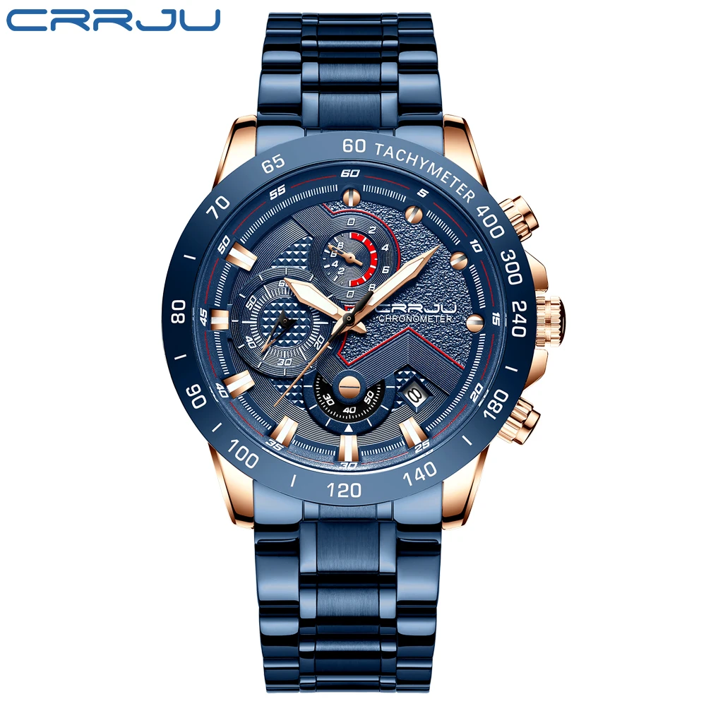 CRRJU осень и зима дизайн стальной ремень мужские часы, военные передовые водонепроницаемые часы, три циферблата кварцевые мужские часы - Цвет: blue