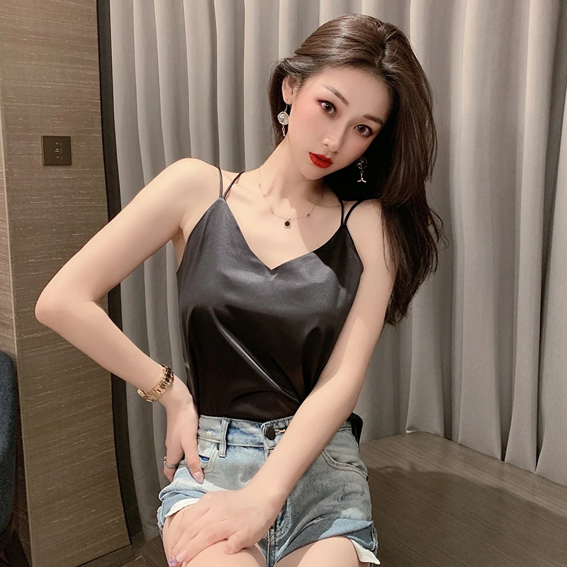 Korean Silk Women Tank Tops Woman Satin Silk Camis Woman Basic White Top Camisole Plus Size Women Sleeveless V Neck Halter Top