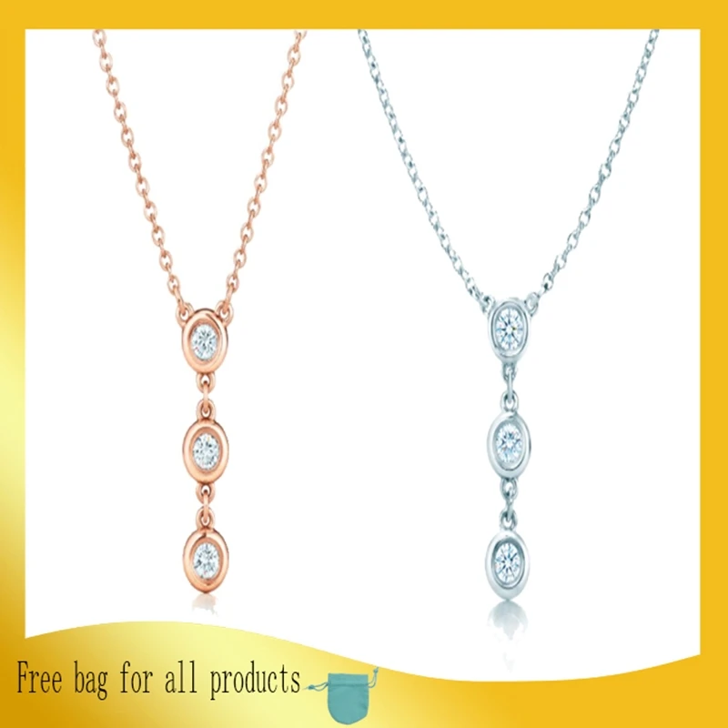 

1: 1 Original Model S925 Sterling Silver Necklaces Fashion Single Row 3 Zircons Pendant Necklaces Ladies Jewelry Birthday Gift