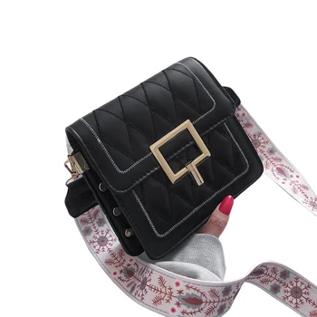 

Ladies Exquisite Small Square Package Crossbody Bag Women Leather Shoulder Bags Embroidery Thread Widening Shoulder Strap Bags