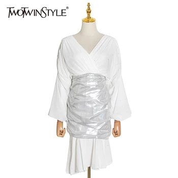 

TWOTWINSTYLE Vintage Asymmetrical Women Dress V Neck Lantern Long Sleeve High Waist Slim Ruffle Hit Color Dresses Female Fashion