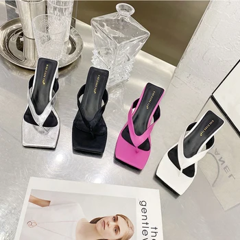 

Clip Toe Women Slippers Square Toe Fashion Slides Summer Sandals Flip Flops Thick High Heels Pumps Sexy Party Slippers Size 39