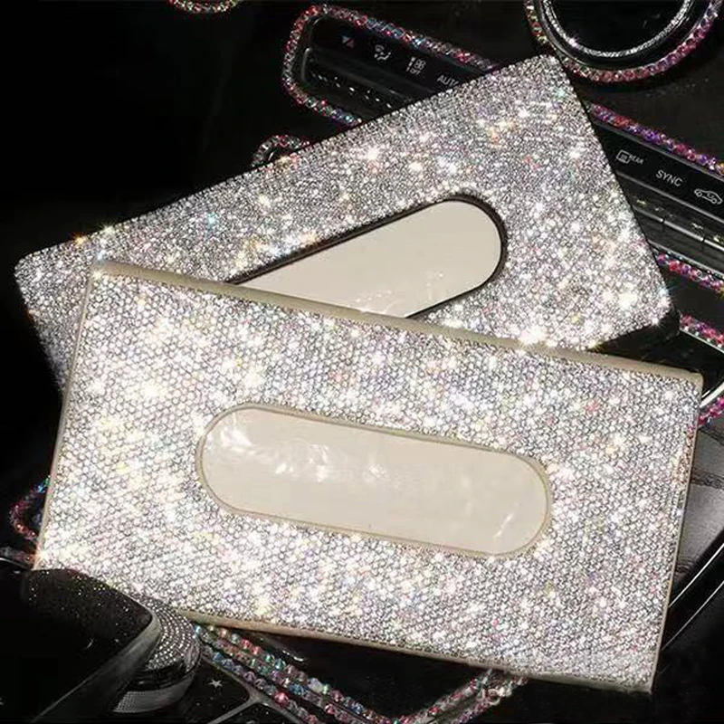 Bling Crystal Car Tissue Box Sun Visor Multi-function Diamond Leather Tissue Box Paper Holder Cover Sunvisor Hanging Napkin Box