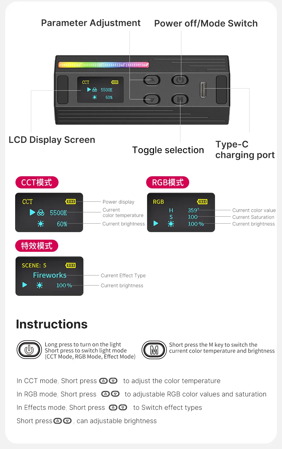 Ulanzi-luz portátil rgb para fotografia, iluminação rgb