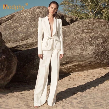 

2019 New Autumn Ladies Sexy Suit Suit Ladies 2 Pieces Two-Piece White Lace Belt V-Neck Long Ladies Office Clothes Jacket Set