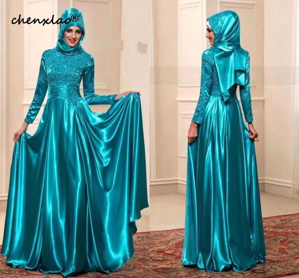 Robe De Soiree элегантные трапециевидные мусульманский с длинным рукавом Вечерние платья, аппликации из кружева вышитое Блестящим Бисером со складками вечерние платья