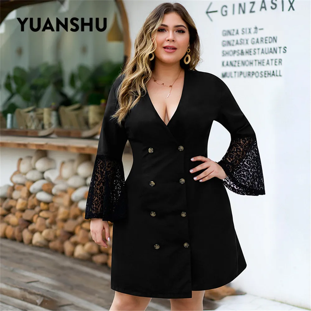 YUANSHU черное сексуальное платье размера плюс до колена женское платье с глубоким v-образным вырезом двубортное кружевное платье с расклешенными рукавами XL-4XL больших размеров