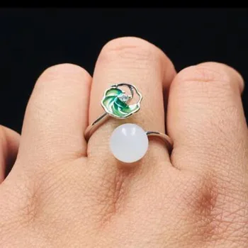 

HOT Selling Fine 925 Sterling Silver Natural Hetian White Jade Green Flower Adjustable Ring For Women Fashion Ring Jewelry Charm