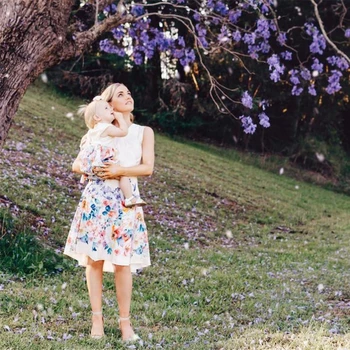 

New Summer Mother Daughter Dresses Family Matching Flower Print Sleeve Dress 2020 Mommy and Me Soft Casual Clothes Dresses