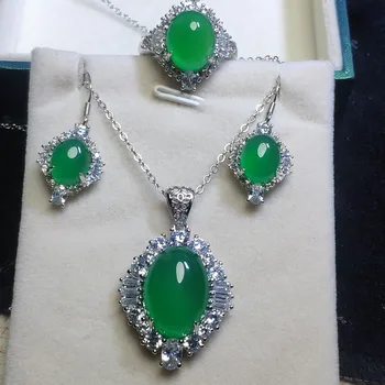 

LETSFUN 3pcs 925 Sterling Silver Natural Simple Green Jade Gemstone Necklace Earrings Ring Women Jewelry Set Luxurious