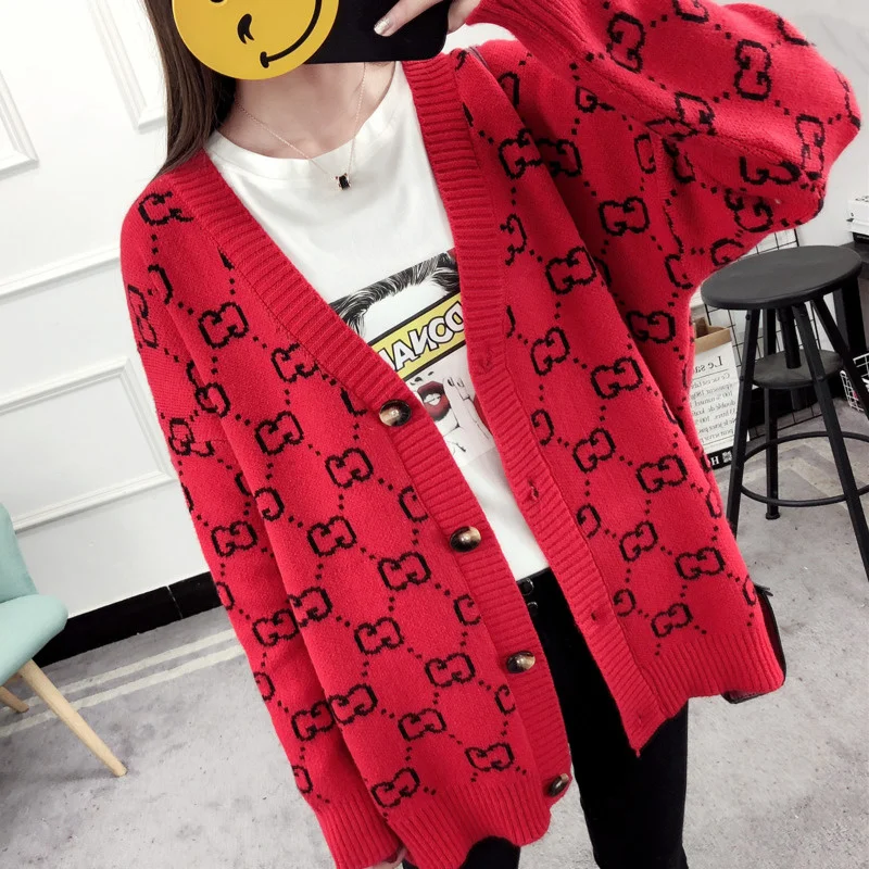 Women Brand Sweaters 2021 Winter New Long Sleeve V Neck Letters Knitted