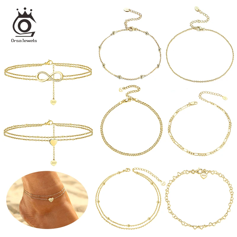 Фото ORSA JEWELS бусины регулируемые ножные браслеты 100% 925 Серебро Золото Серебро Цвет для девушек ювелирные изделия на лодыжку подарок SA14 №1