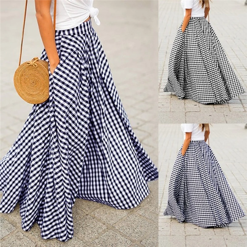 Plaid Pleated Boho Maxi Women Skirts Vintage High Waist Pocket Female Long Skirt 2021 Spring Summer Loose Ladies Casual Bottoms | Женская