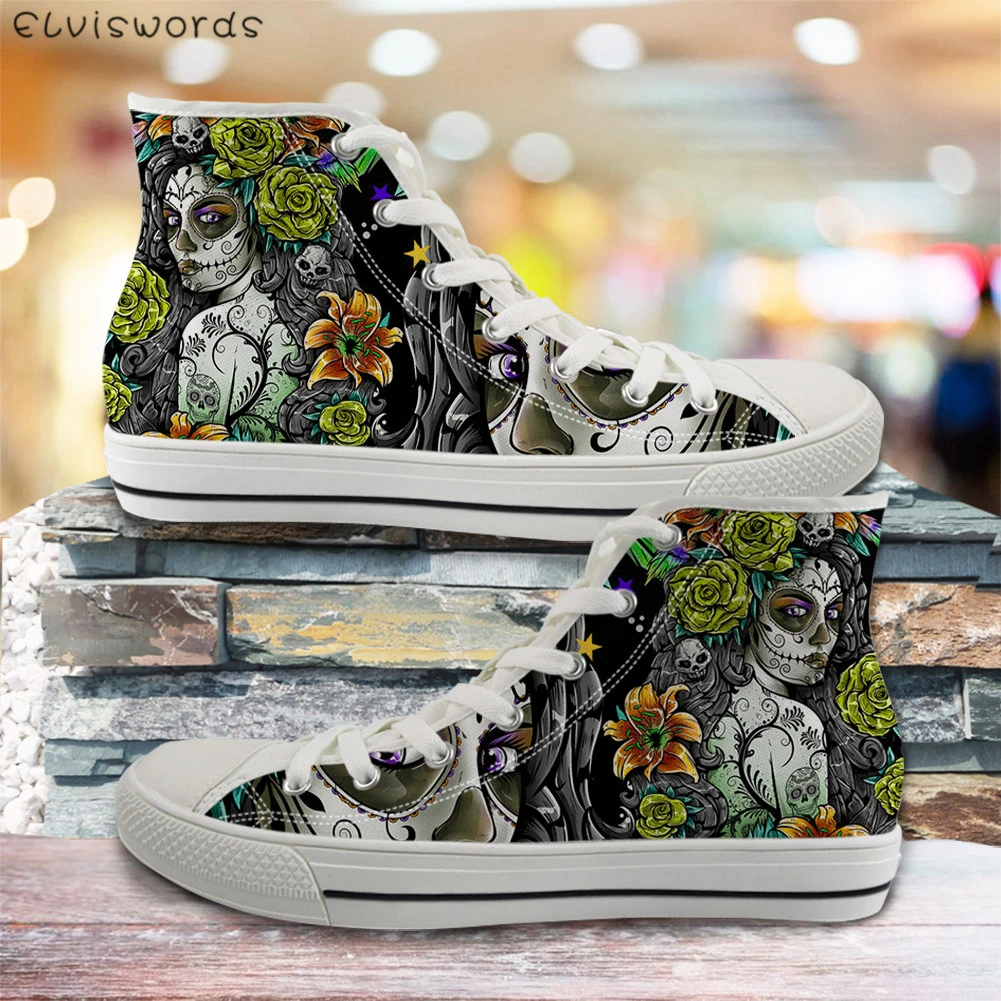 ELVISWORDS de lona con cordones para mujer, calzado con Calaveras, estilo gótico, Día de los muertos, transpirables|Zapatos vulcanizados de mujer| - AliExpress