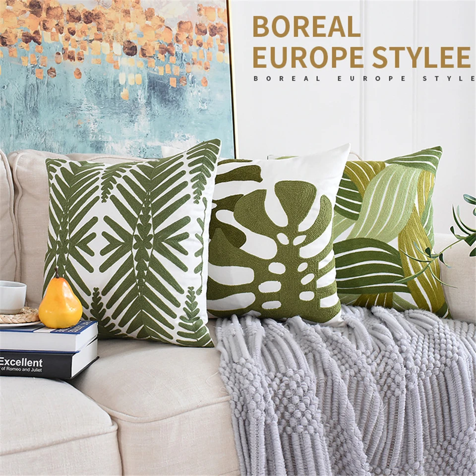 

Nordic Green Leaf Embroidered Cushion Cover Cotton Throw Pillow Covers Decorative Pillows For Sofa Living Room Nordic Home Decor