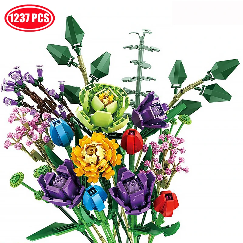 Ideas Flowers Bouquet Model Building Blocks Kits Romantic Rose Flower Bricks Home Decoration Kids Toys For Girls Holiday Gifts | Игрушки и