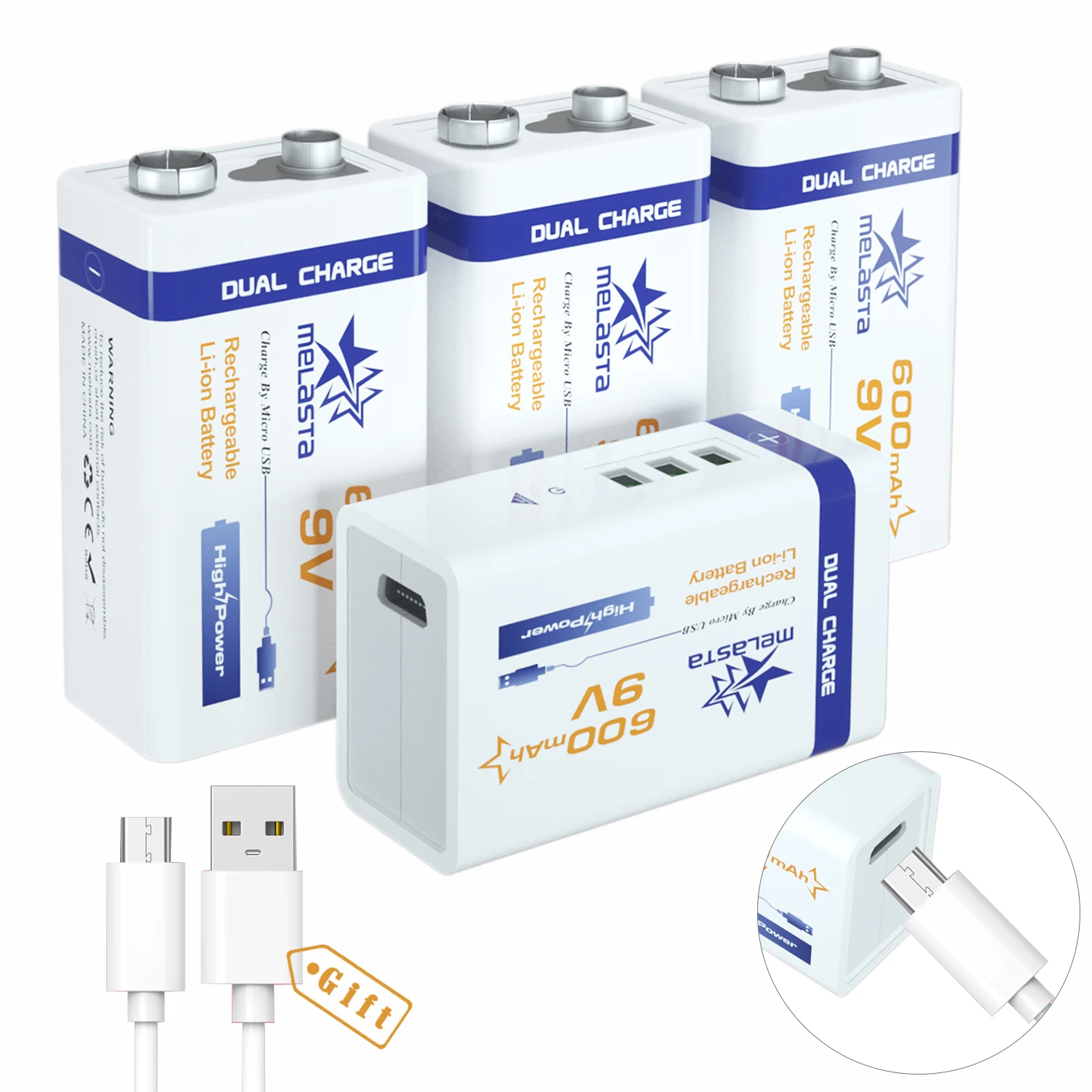 

4PCS 9V 6F22 Rechargeable Battery 600mAh Li-ion USB PP3 MN1604 For Smoke Alarm Wireless Microphone Guitar EQ Intercom Multimeter