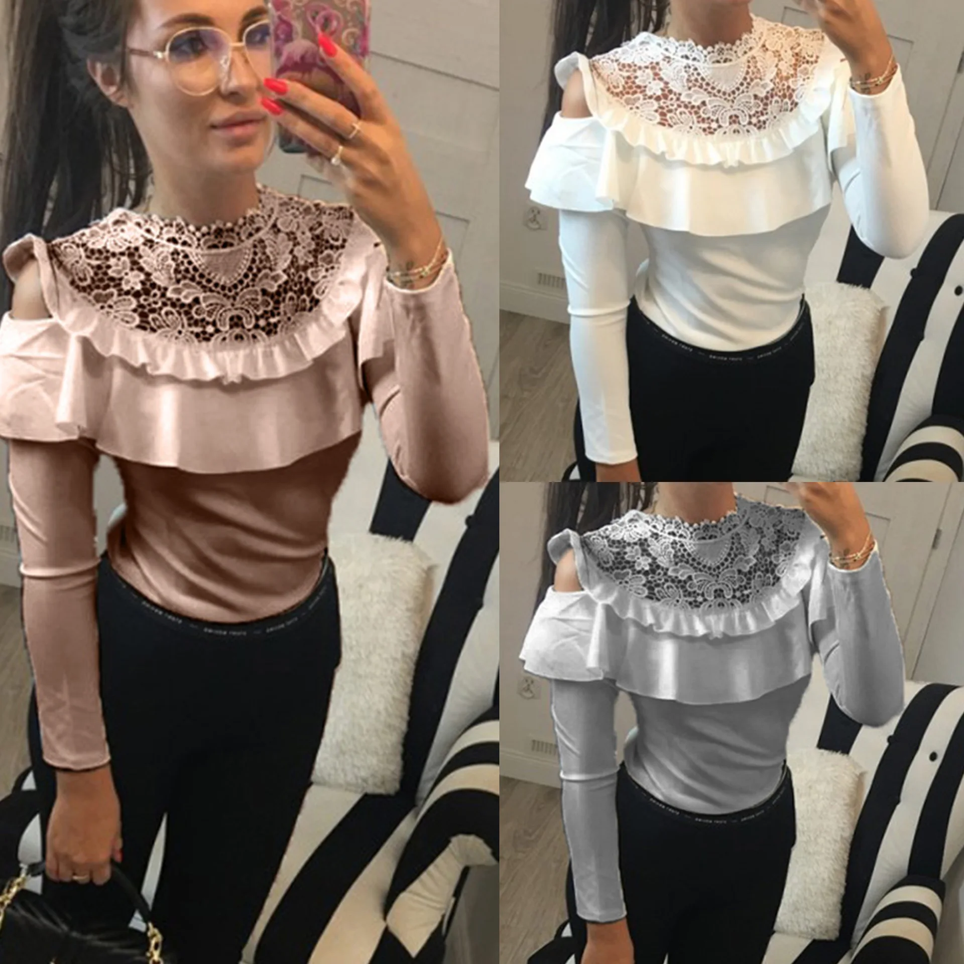 

2019 Casual Round Neck Lace Patch Work Hollow Out Long Sleeve Elegant Ruffles Women Blouse Casual Tshirt Sexy Tops and Shirt