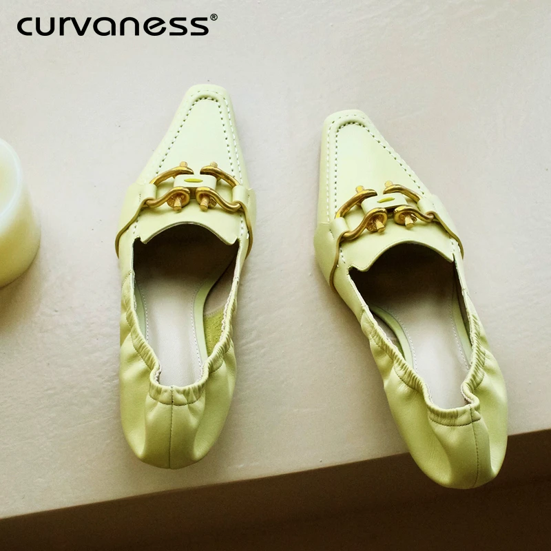 

Curvaness New Genuine Leather Shallow Mouth Small Square Head With Retro Loafers Single Shoes Women's Simple OL Women's Shoes