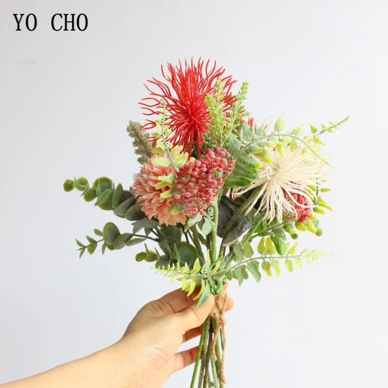 YO CHO красные искусственные цветы с искусственным морским ежом, маленькие, сделай сам, Шелковый цветок, букет невесты для дома, свадебные фальшивые цветы, домашний декор стола
