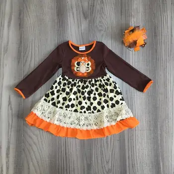 

baby girl clothes girls thanksgiving dress girls fall dress turkey dress leopard lace hem girl dress with bow