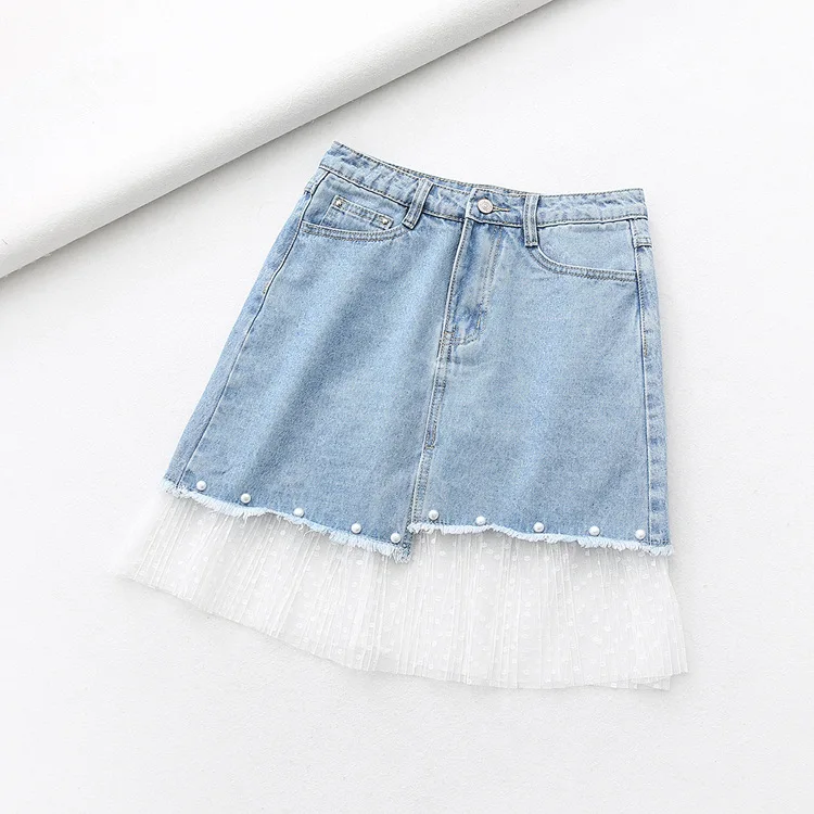 

A Generation by Age Beads Gauze Joint High-waisted Frayed Denim Skirt Entity