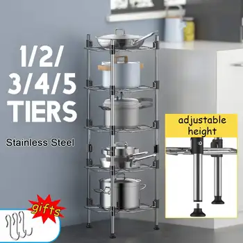 

5-Layers Thicken Kitchen Storage Shelf Space Saving Pan Pot Combinatorial Storage Racks Durable Bathroom Organizer Holder+6hooks
