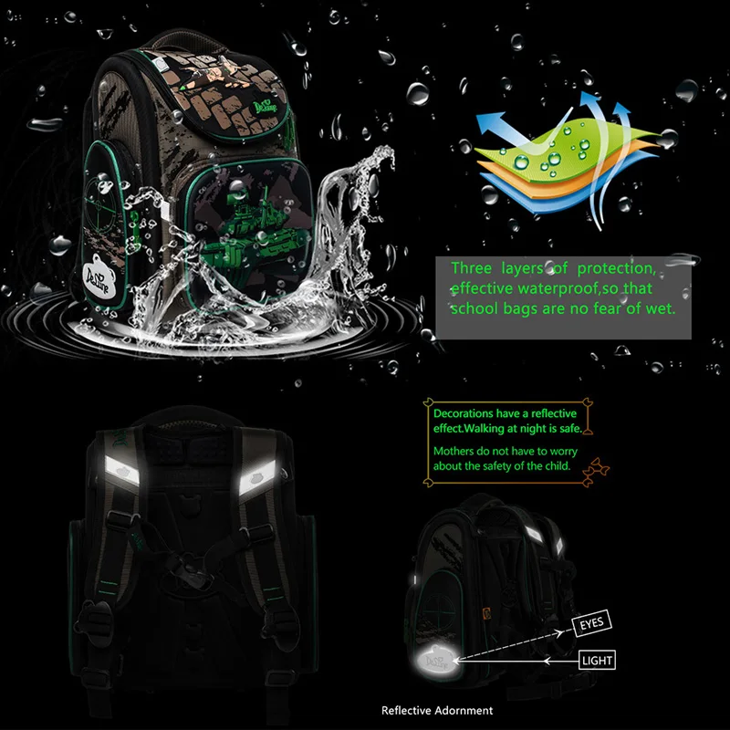 Delune, 1-3 класс, детский ортопедический рюкзак для школы, Зеленый танк, 3D, детский школьный ранец на молнии вокруг автомобиля, тележки, Sac A Dos