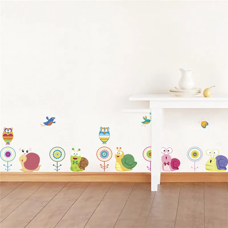 Cute Snails Bird Animal Wall Sticker For Kids Room Baseboard Home Decor Cartoon Mural Art Diy Pvc Safari Decal | Дом и сад
