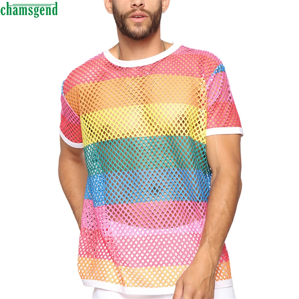 

Chamsgend Summer Fashion Trend T-shirt Men Mesh Round Neck Jersey Short-sleeved Thin Colorful Tee Camiseta Colorida Para Hombre
