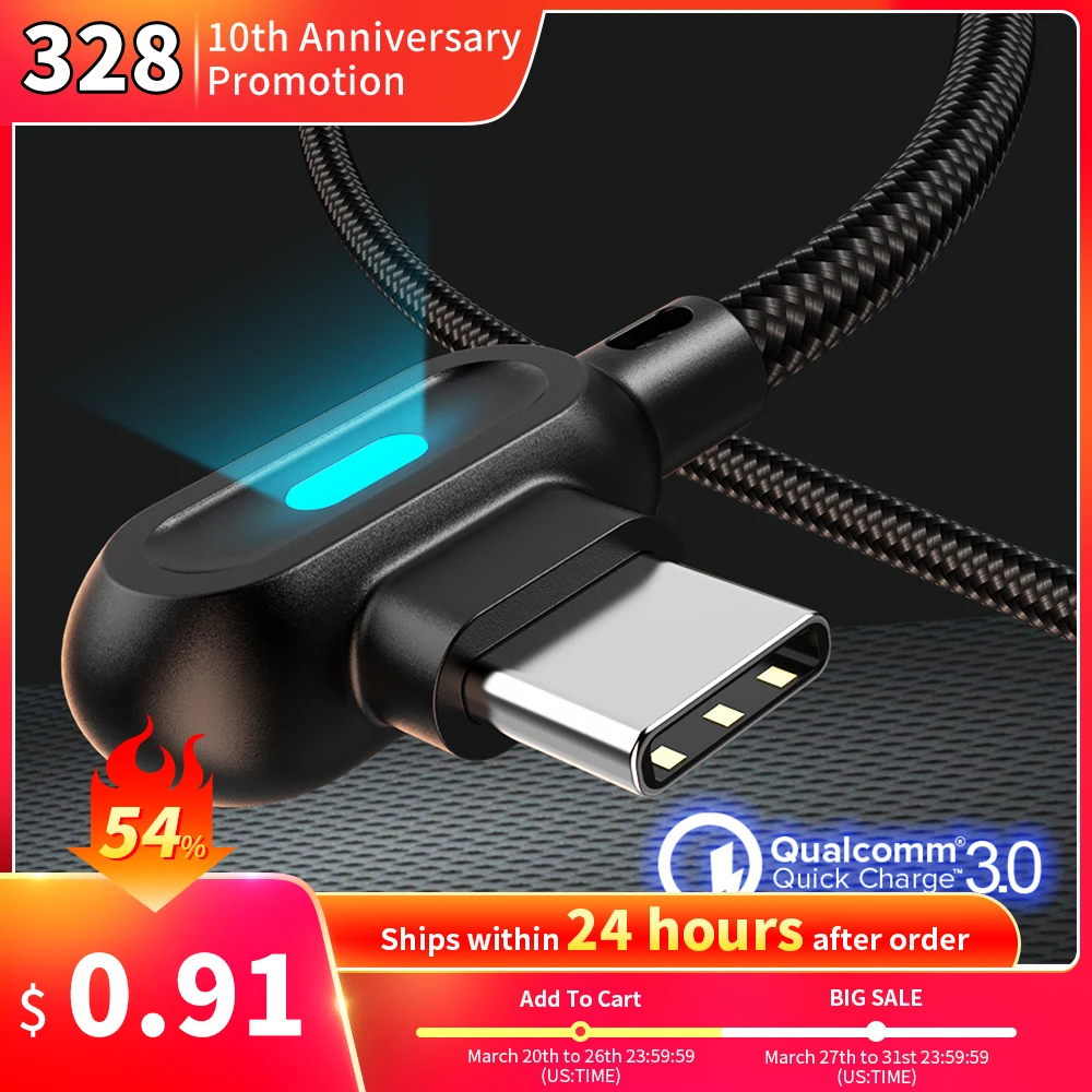

USB Type C Cable 90 Degree USB-C Charger Fast Charging For Samsung S20 Huawei P30 Pro Xiaomi 2m Type-C Phone Charge Wire Charger