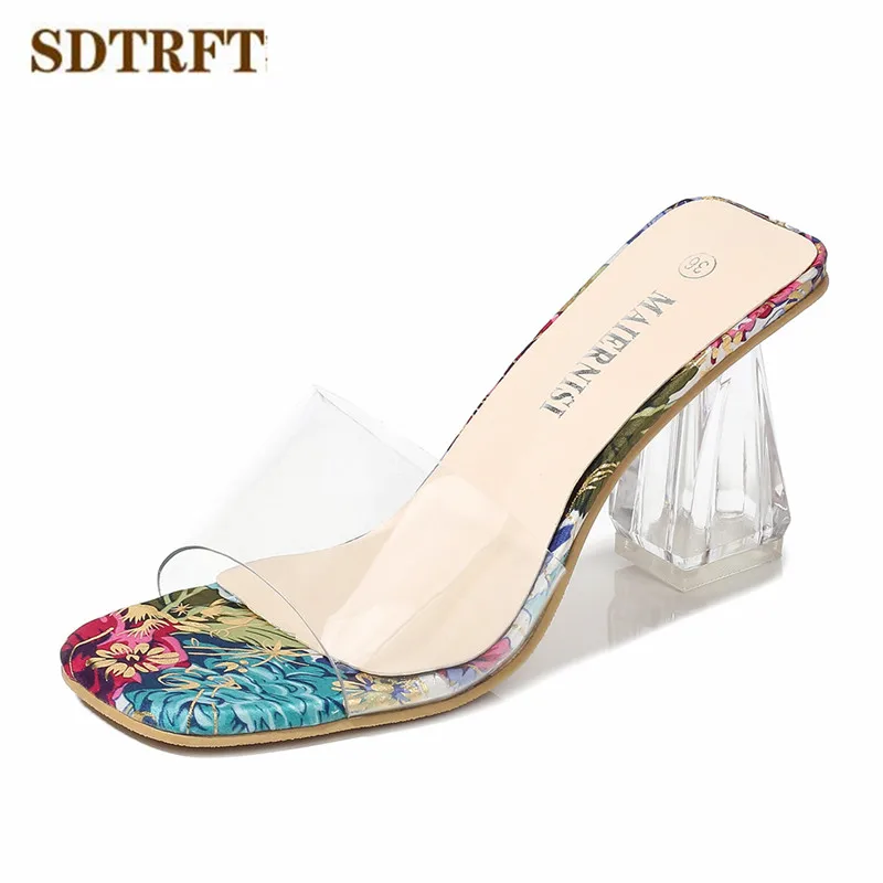 

SDTRFT Summer ladies Nightclub Shoes Women Sandals Transparent 8cm Thick High Heels Party Pumps Butterfly-knot Buckle Slippers