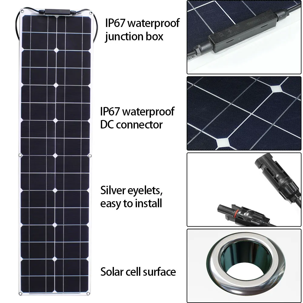 12v 50w flexível 150w monocristalino estreito impermeável