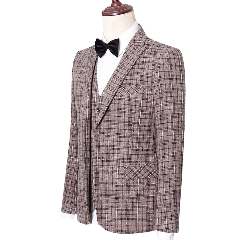 Grid color men smart casual 3-piece set suits sets Slim Fit Blazers+Pants+Vest wedding sets mens formal Coat+Trousers +Waistcoat