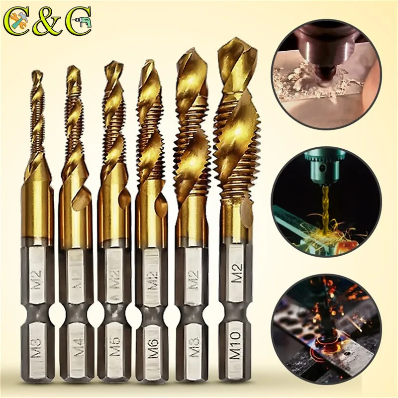 

6pcs M3-M10 Combination Drill Tap Bit Set 1/4'' Hex HSS 6542 Titanium Coated Thread Spiral Screw Deburr Countersink Bits