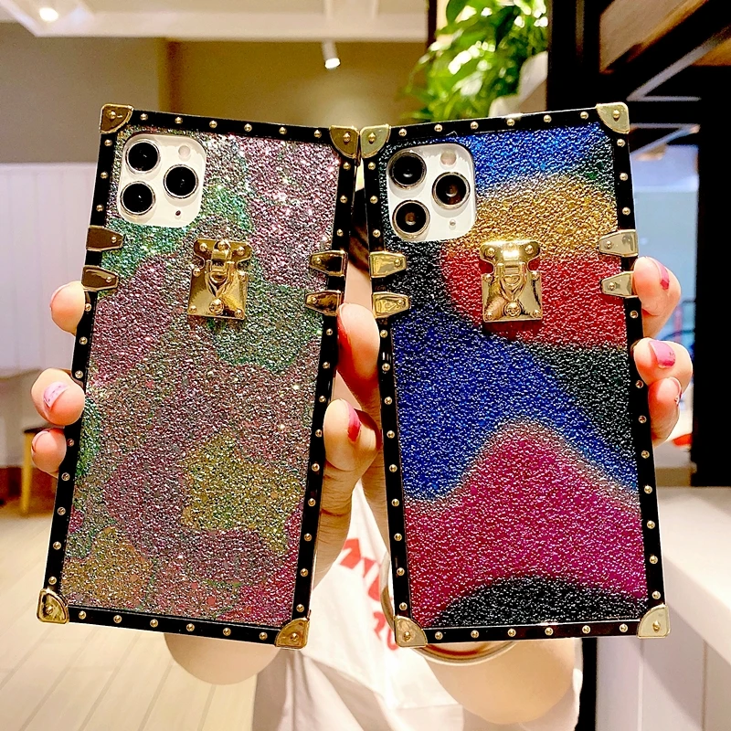 

Luxury Rainbow Pattern Glitter Square Phone Case For iPhone 11Pro MAX SE XR XS MAX 7 8 Plus Colorful Bling Soft Shockproof Cover