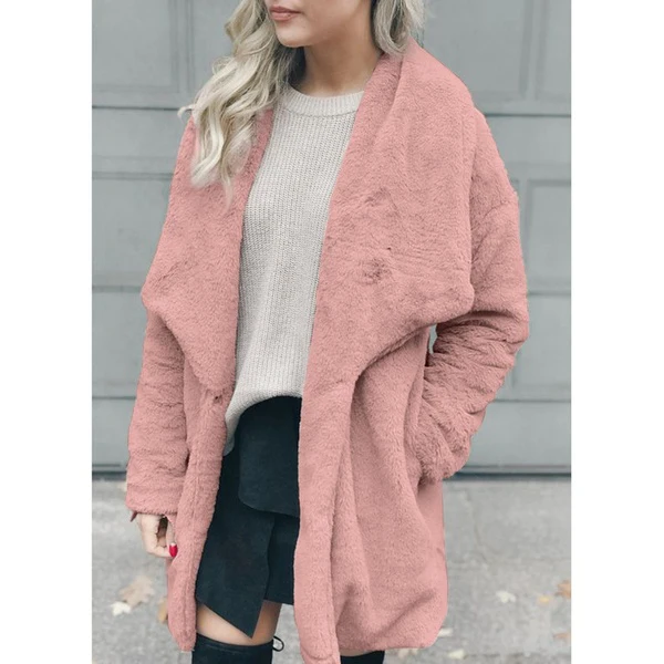 pink Длинное пальто из искусственного меха с карманом, Женское пальто, mujer Chaqueta Mujer, флисовая Veste Femme, плюшевая куртка, женское осенне-зимнее пальто - Цвет: pink