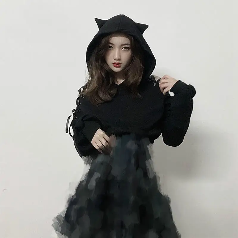 Harajuku худи с кошачьими ушами, Толстовка для женщин, готические толстовки с капюшоном, Осенние бархатные с выемкой, на шнуровке, с длинным рукавом, милые толстовки