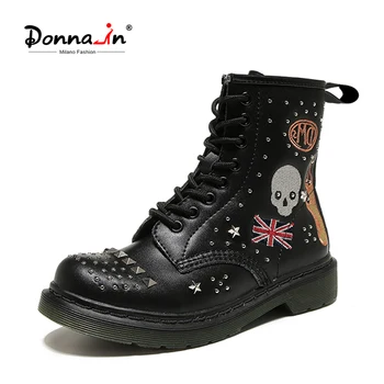 

Donna-in Ankle Boots for Women flat shoes England style Genuine Leather Shoes 2020 Fashion rivet Ladies Motorcycle short Boots