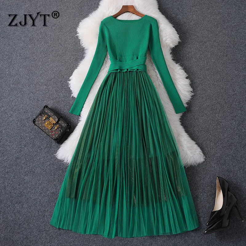 

Runway Fashion Designer Autumn Winter Dresses Women Elegant Long Sleeve Knit Sweater Patchwork Empire Midi Pleated Tulle Dress
