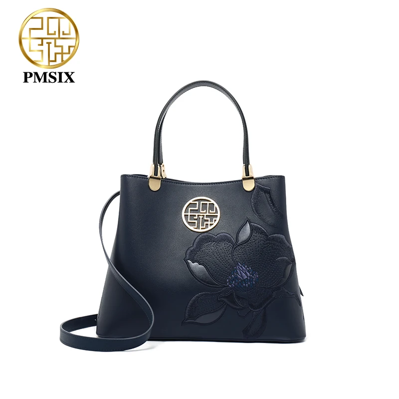 PMSIX  Cow Leather  Shoulder Bags For Women Embroidery Female Handbags Designer Luxury Ladies  Tote Navy Blue Bucket Bag 2020