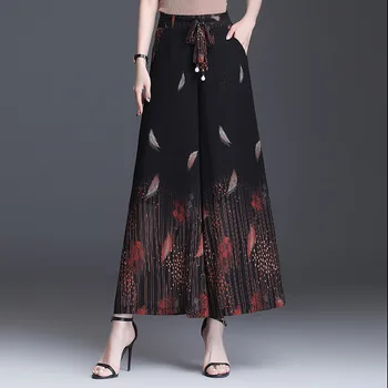 

2020 Floral Chiffon Wide Leg Pants Skirts Summer Women High Waist Loose Bow Straight Trouser Office Lady Elegant Plus Size Pants