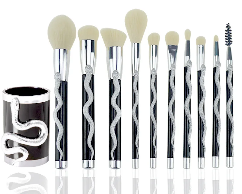 02 brush and holder Кисти для макияжа 3D золото серебро Тотем Змеи Серия ручка из полистирола козья шерсть профессиональная Базовая кисть для теней инструмент 10 шт. набор - Handle Color: 02 brush and holder
